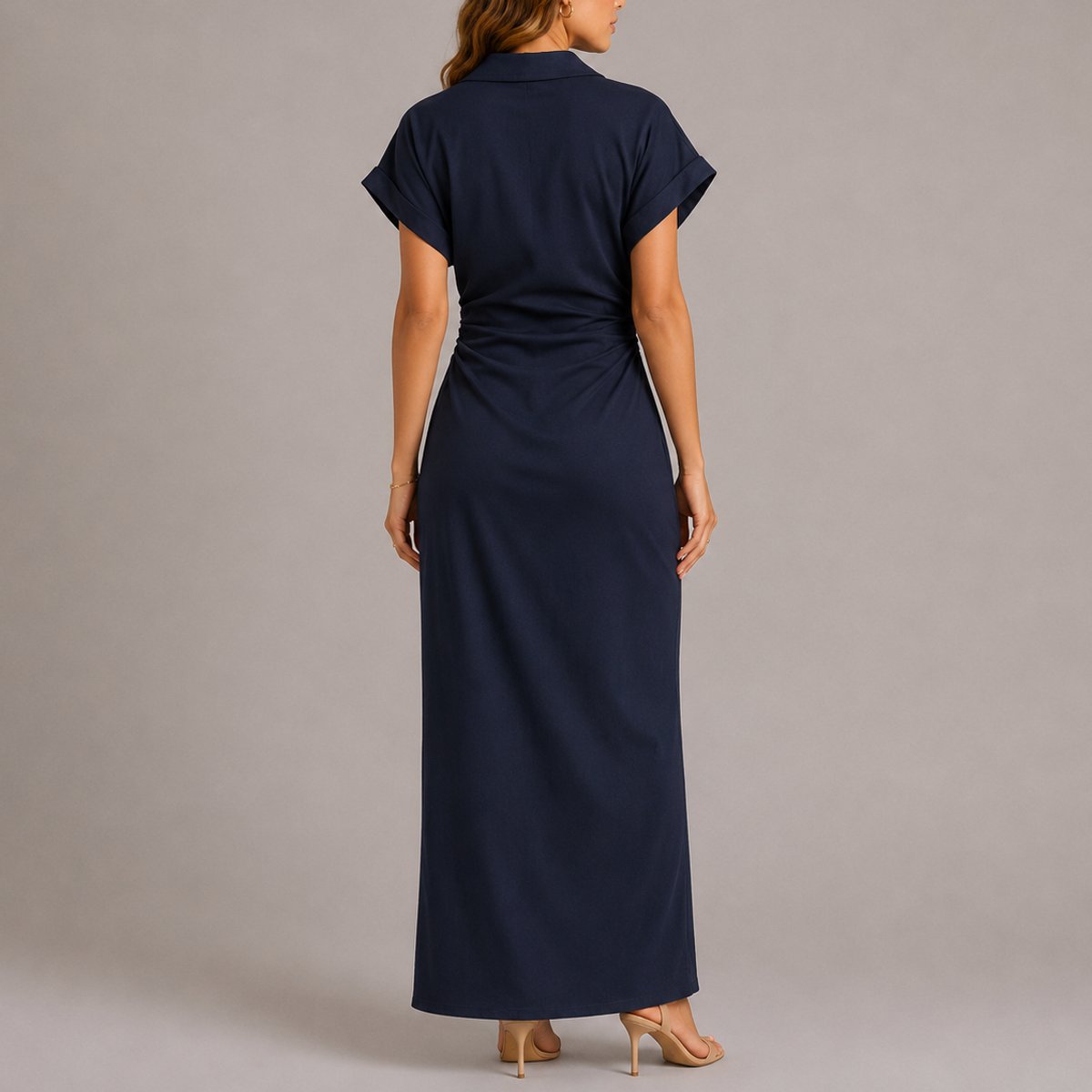 Women's Ruched Button-Front Collared Midi Shirt Dress