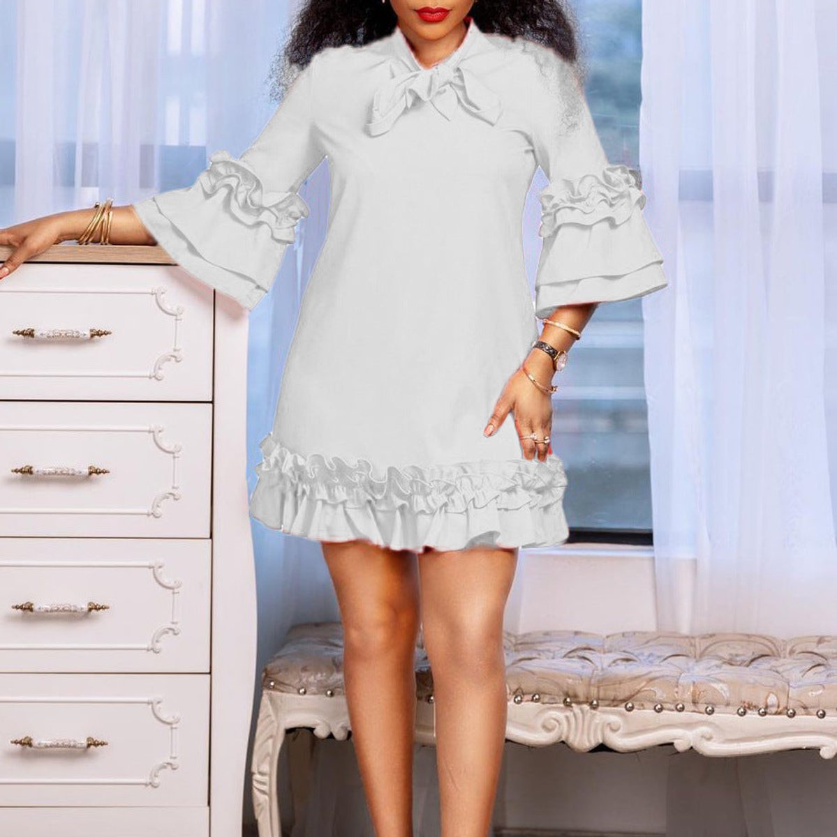 Women's Ruffle-Hem Bow-Collar Mini Tunic Dress