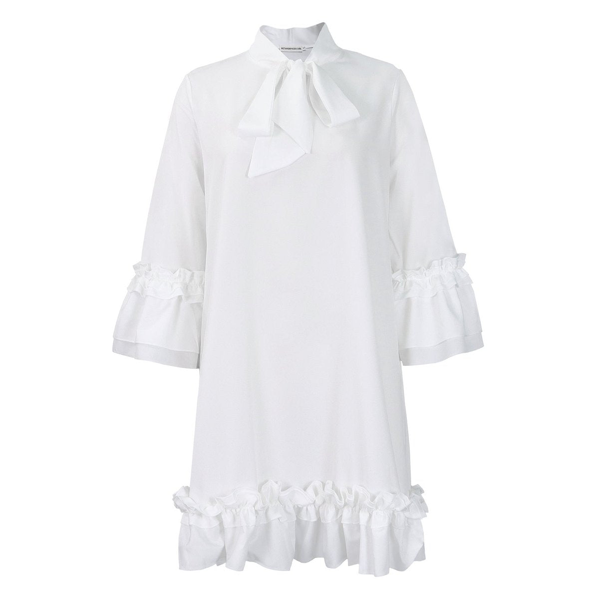 Women's Ruffle-Hem Bow-Collar Mini Tunic Dress - Weiß