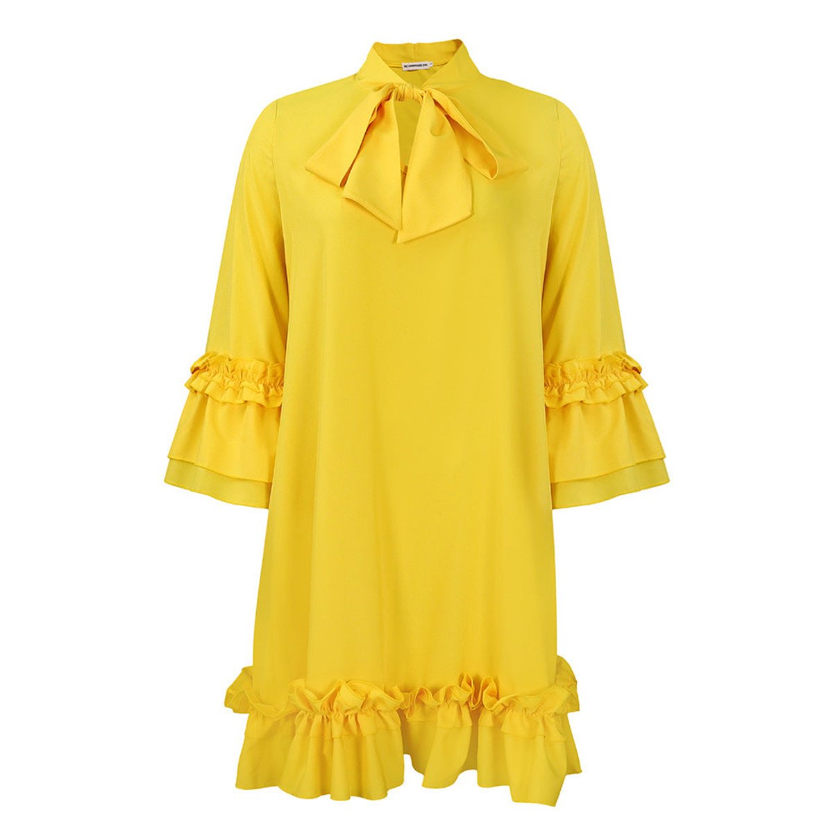Women's Ruffle-Hem Bow-Collar Mini Tunic Dress - Gelb