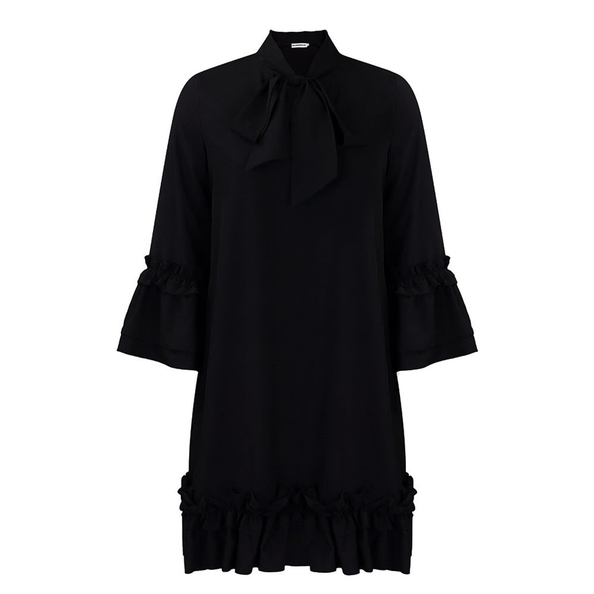 Women's Ruffle-Hem Bow-Collar Mini Tunic Dress - Schwarz
