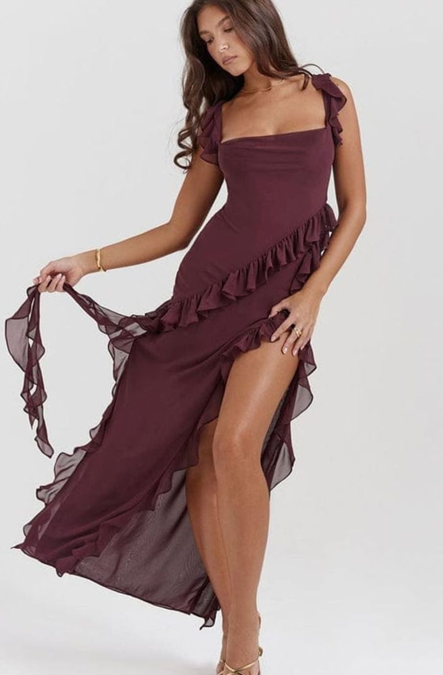 Women's Ruffle-Trim Side-Slit Chiffon Maxi Party Dress