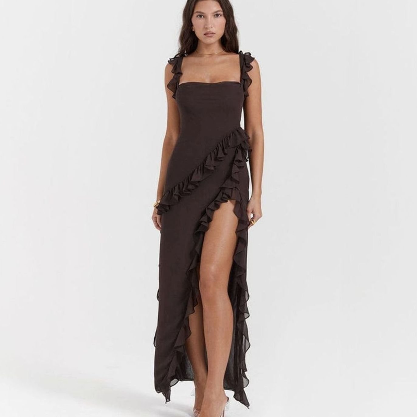 Women's Ruffle-Trim Side-Slit Chiffon Maxi Party Dress