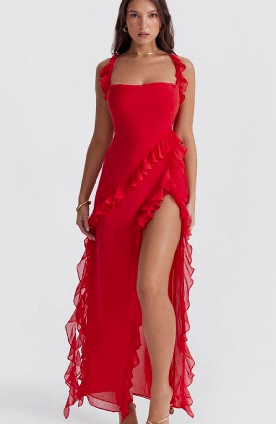 Women's Ruffle-Trim Side-Slit Chiffon Maxi Party Dress