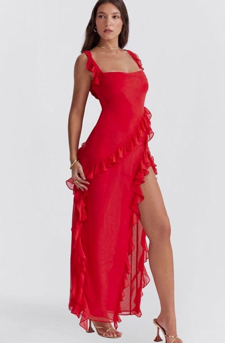 Women's Ruffle-Trim Side-Slit Chiffon Maxi Party Dress - Red