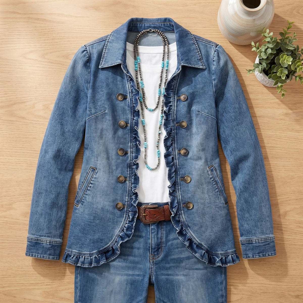 Women's Ruffled Double-Button Denim Jacket Point Collar