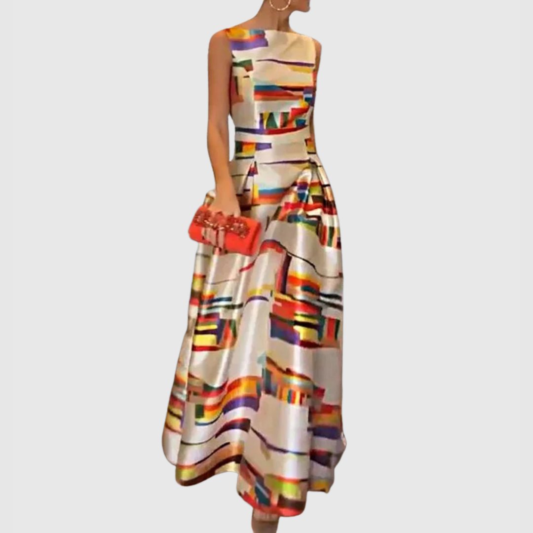 Women's Satin Abstract Colorblock Sleeveless A-Line Maxi Dress