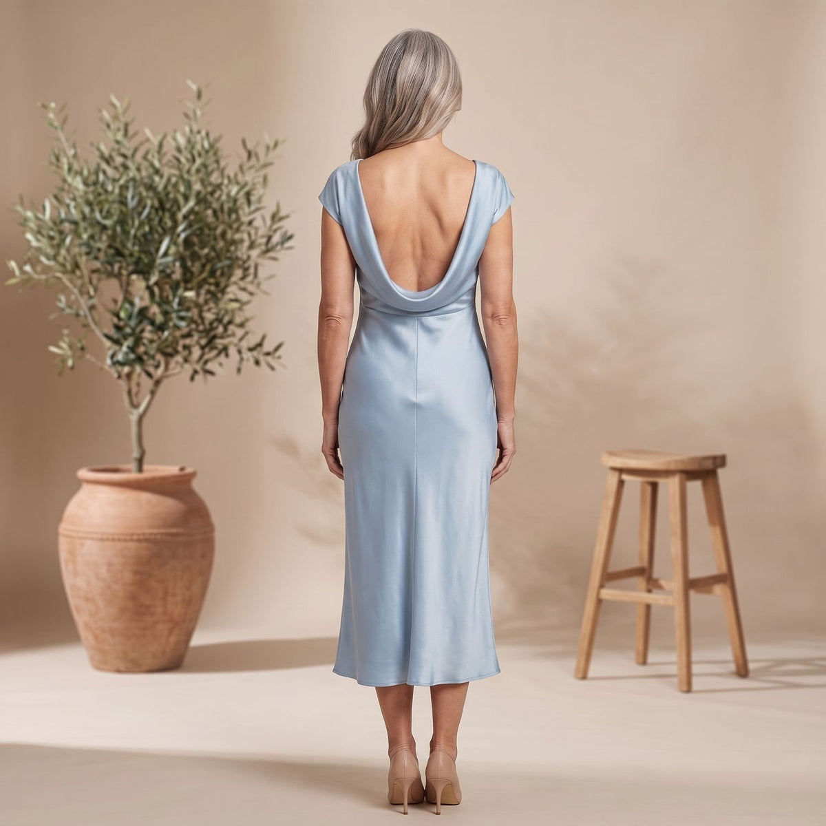 Women's Satin Cowl-Neck Cap-Sleeve Ruched Midi Cocktail Party Dress