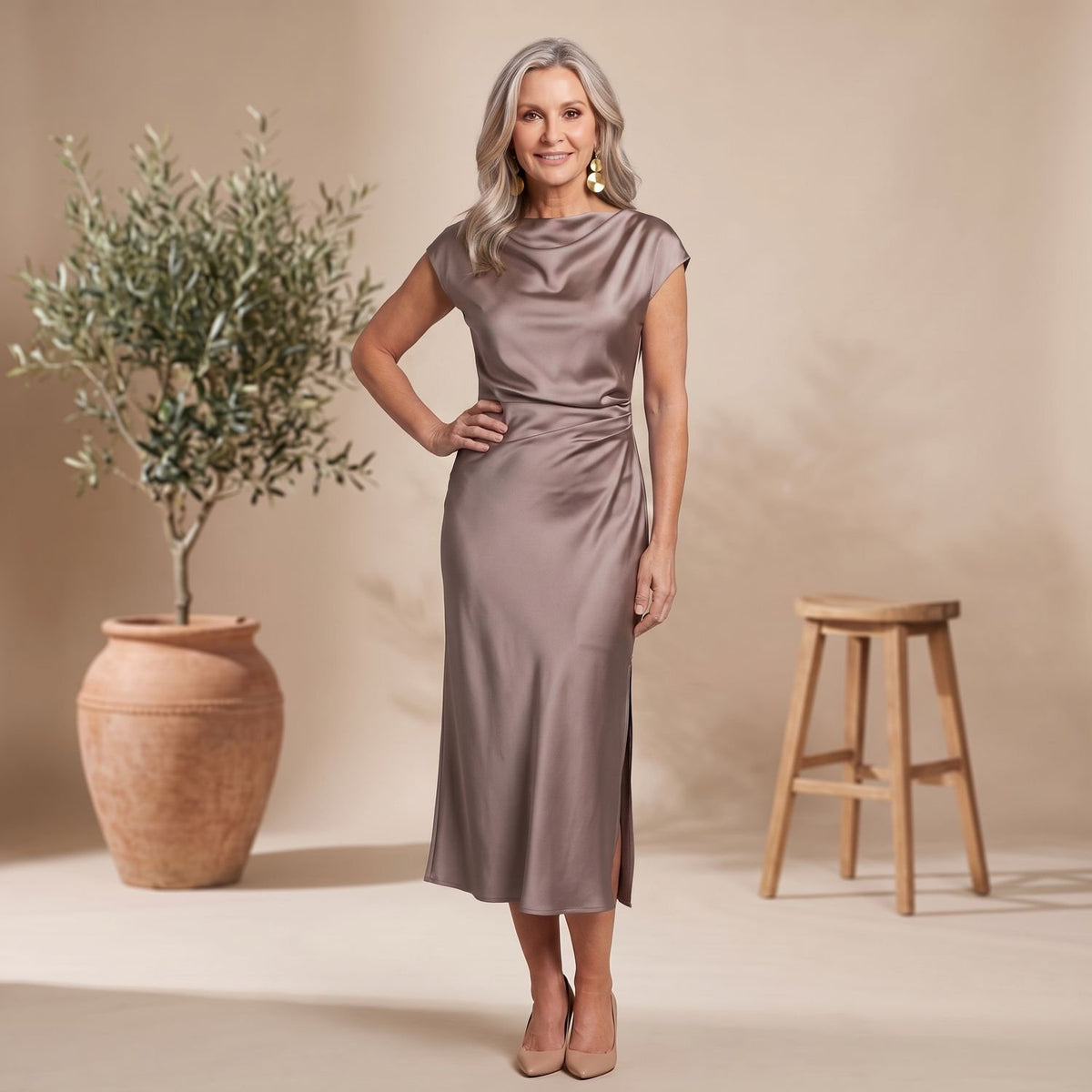Women's Satin Cowl-Neck Cap-Sleeve Ruched Midi Cocktail Party Dress - Bronze