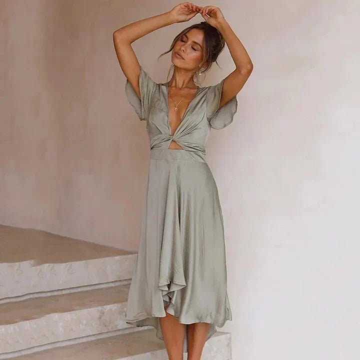 Women's Satin Deep V-Neck Flutter Sleeve Asymmetric Midi Dress - Olive