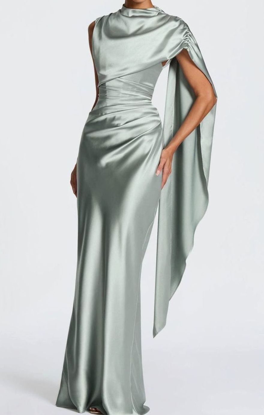 Women's Satin Draped Cape Maxi Gown Corset Formal Dress - Sage