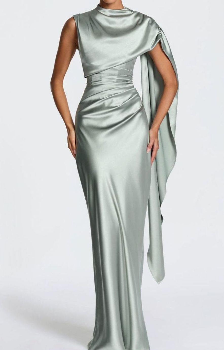 Women's Satin Draped Cape Maxi Gown Corset Formal Dress