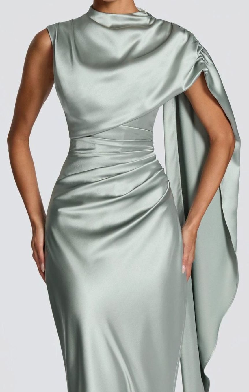 Women's Satin Draped Cape Maxi Gown Corset Formal Dress