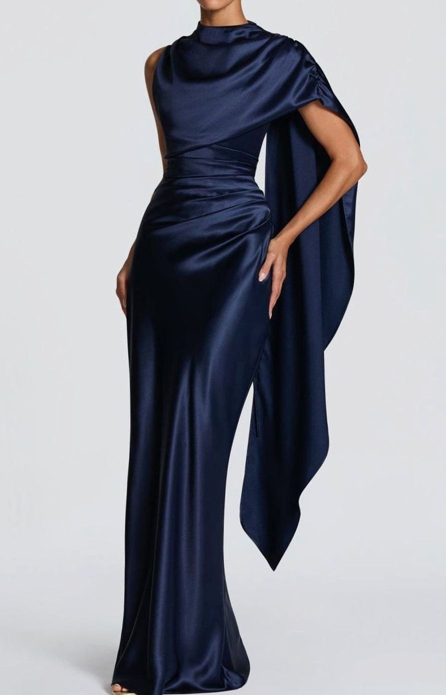Women's Satin Draped Cape Maxi Gown Corset Formal Dress - Navy Blue