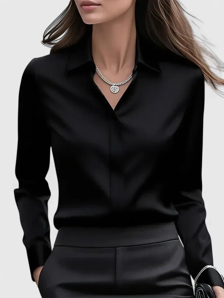 Women's Satin-Finish Concealed Placket Long-Sleeve Button-Down Shirt - Black