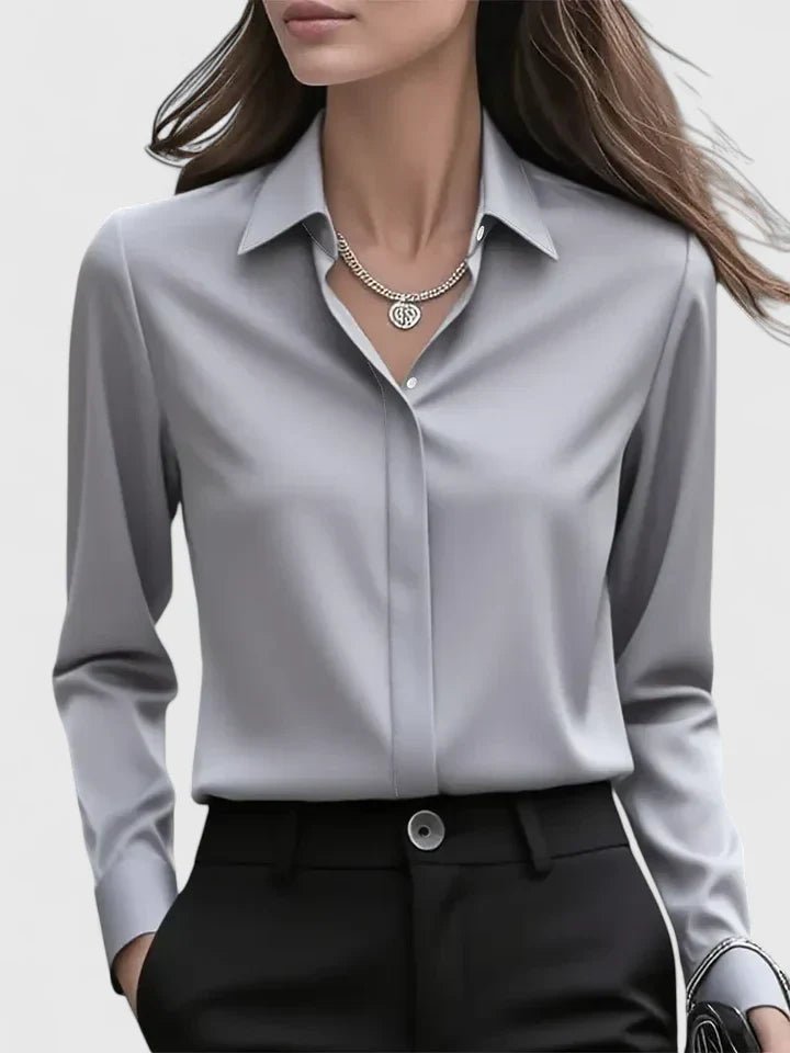 Women's Satin-Finish Concealed Placket Long-Sleeve Button-Down Shirt - Gray