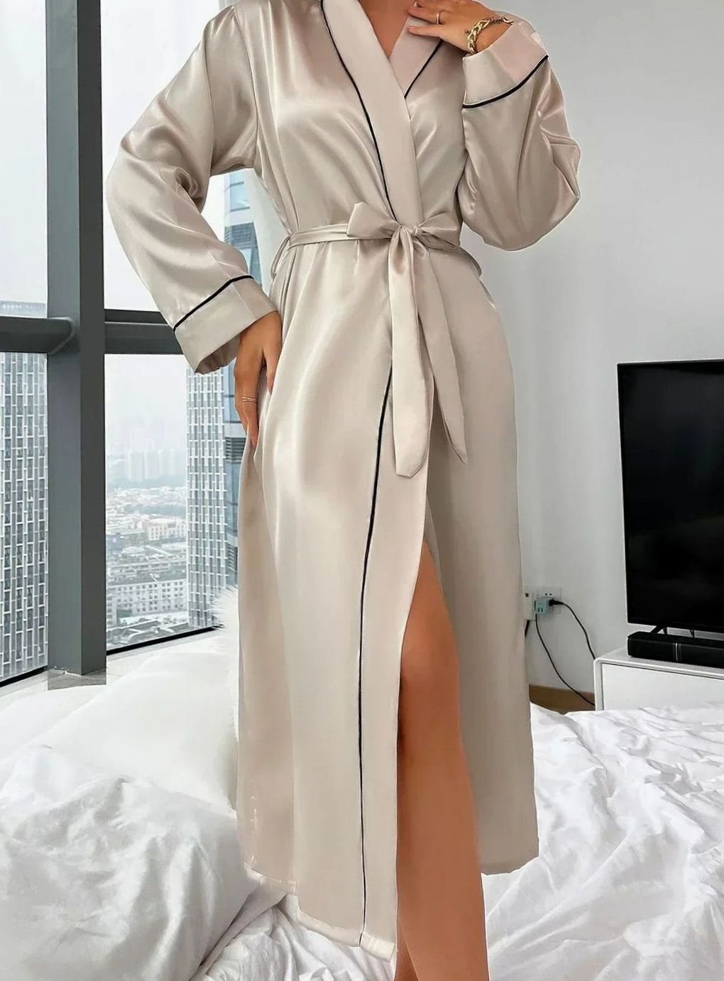 Women's Satin Kimono Wrap Robe Belted Luxury Loungewear