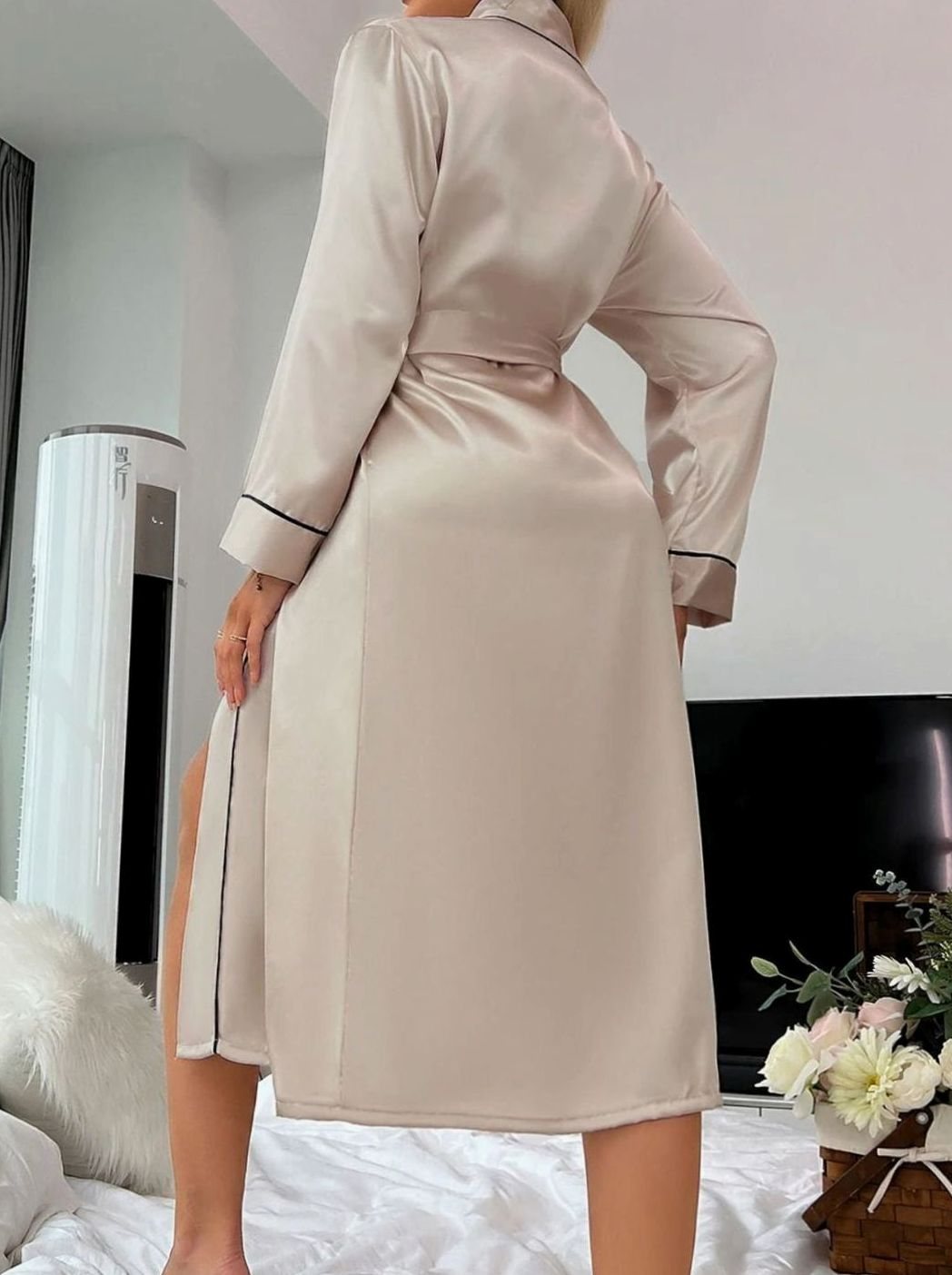 Women's Satin Kimono Wrap Robe Belted Luxury Loungewear