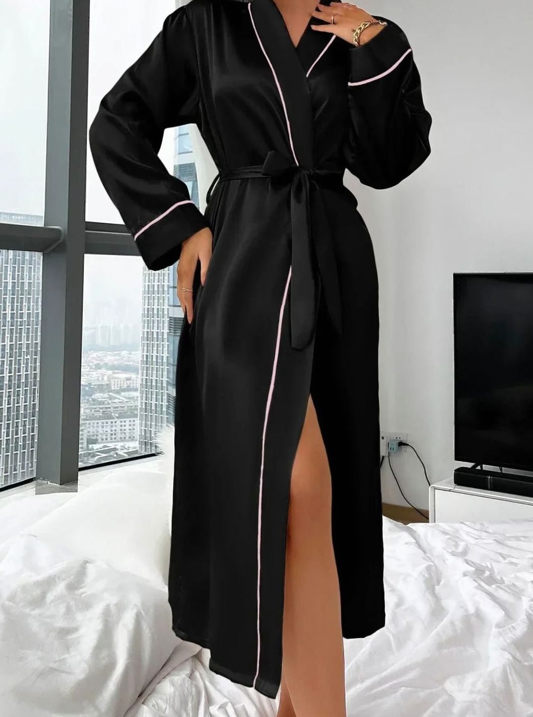 Women's Satin Kimono Wrap Robe Belted Luxury Loungewear