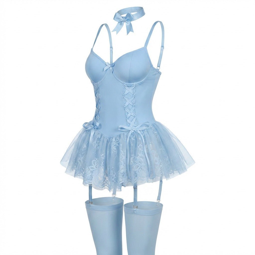 Women's Satin Lace-Ruffle Underwire Corset Bustier Teddy Bodysuit - Baby Blue
