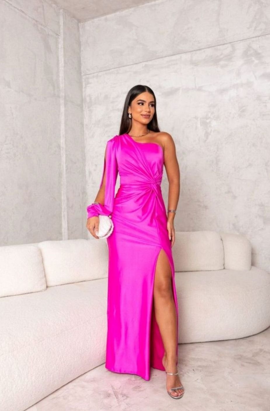 Women's Satin One-Shoulder Twist-Knot Maxi Christmas Party Dress - Magenta