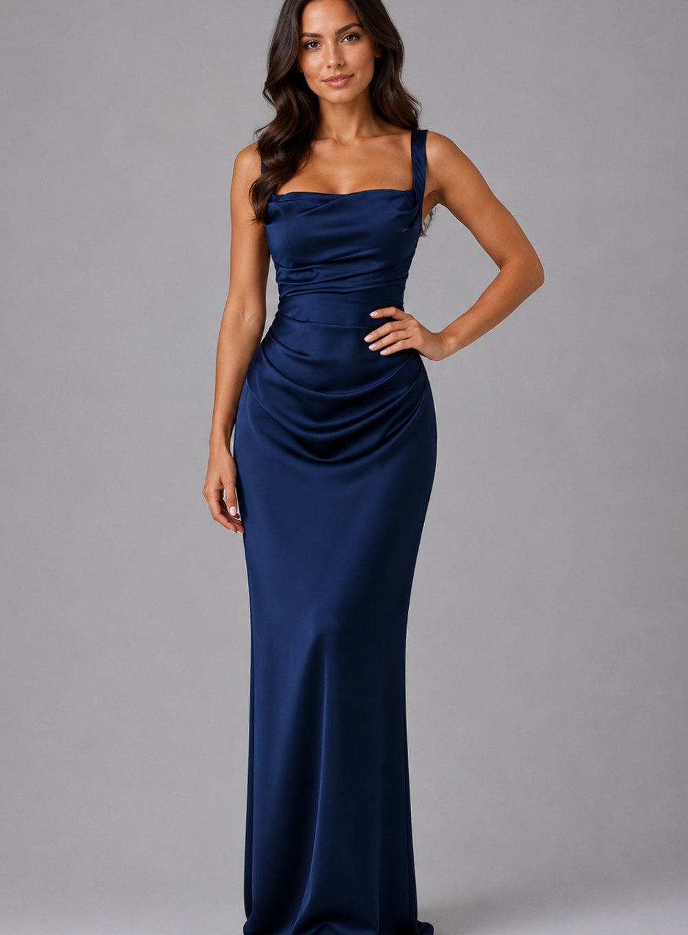 Women's Satin Ruched-Waist Square-Neck Maxi Dress - Navy