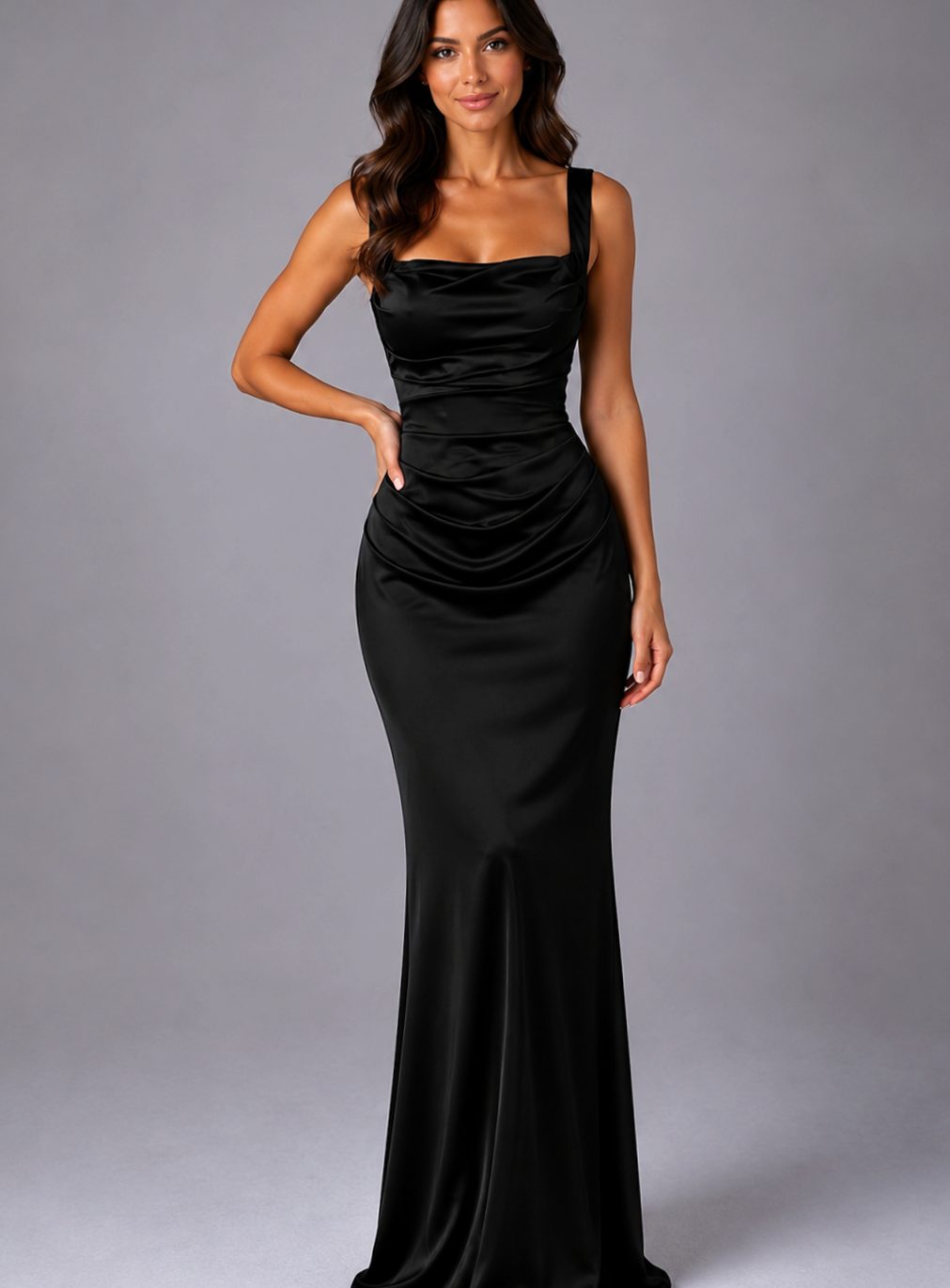 Women's Satin Ruched-Waist Square-Neck Maxi Dress - Black