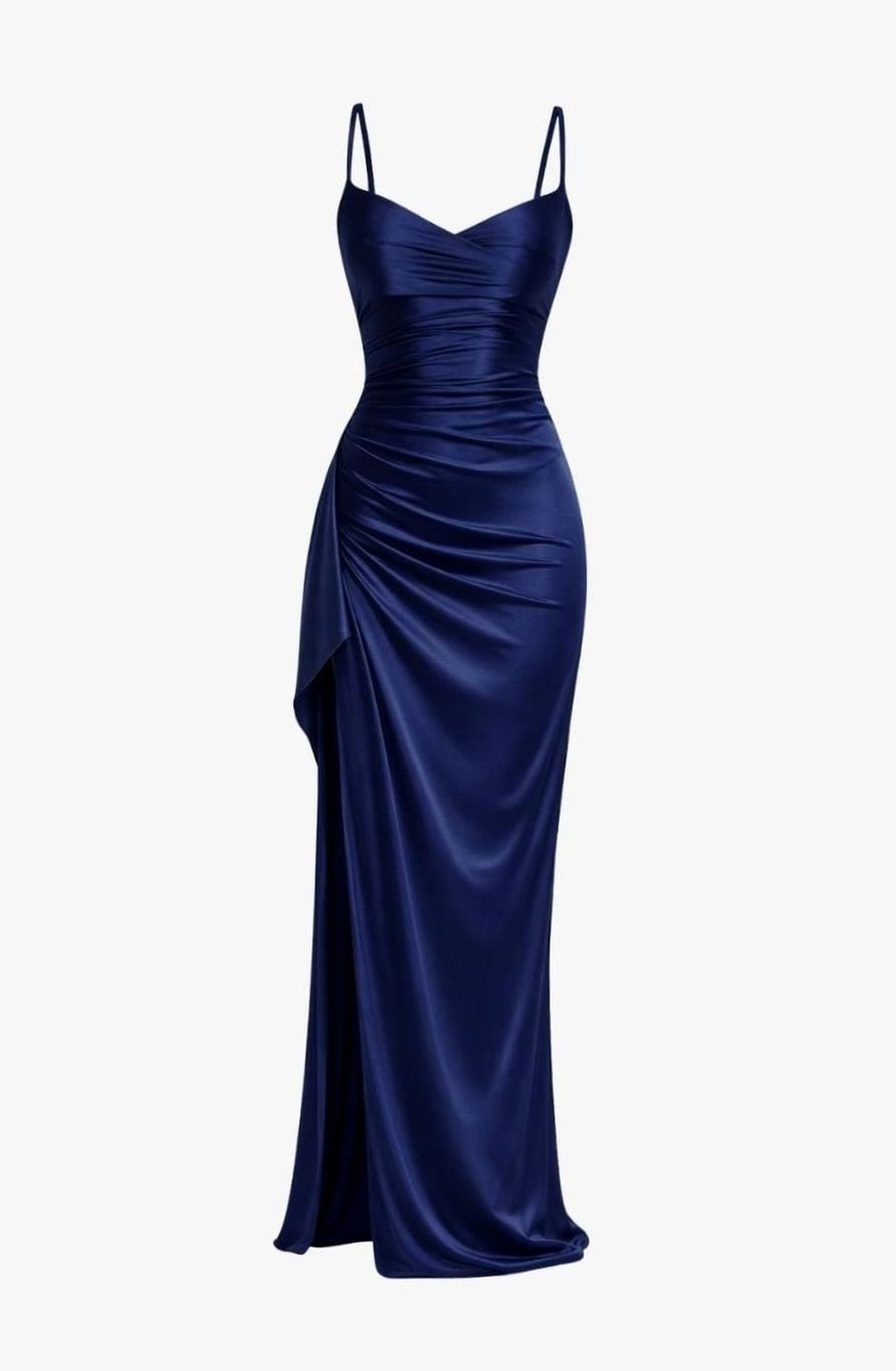 Women's Satin Spaghetti Strap Sweetheart Maxi Party Dress - Navy Blue