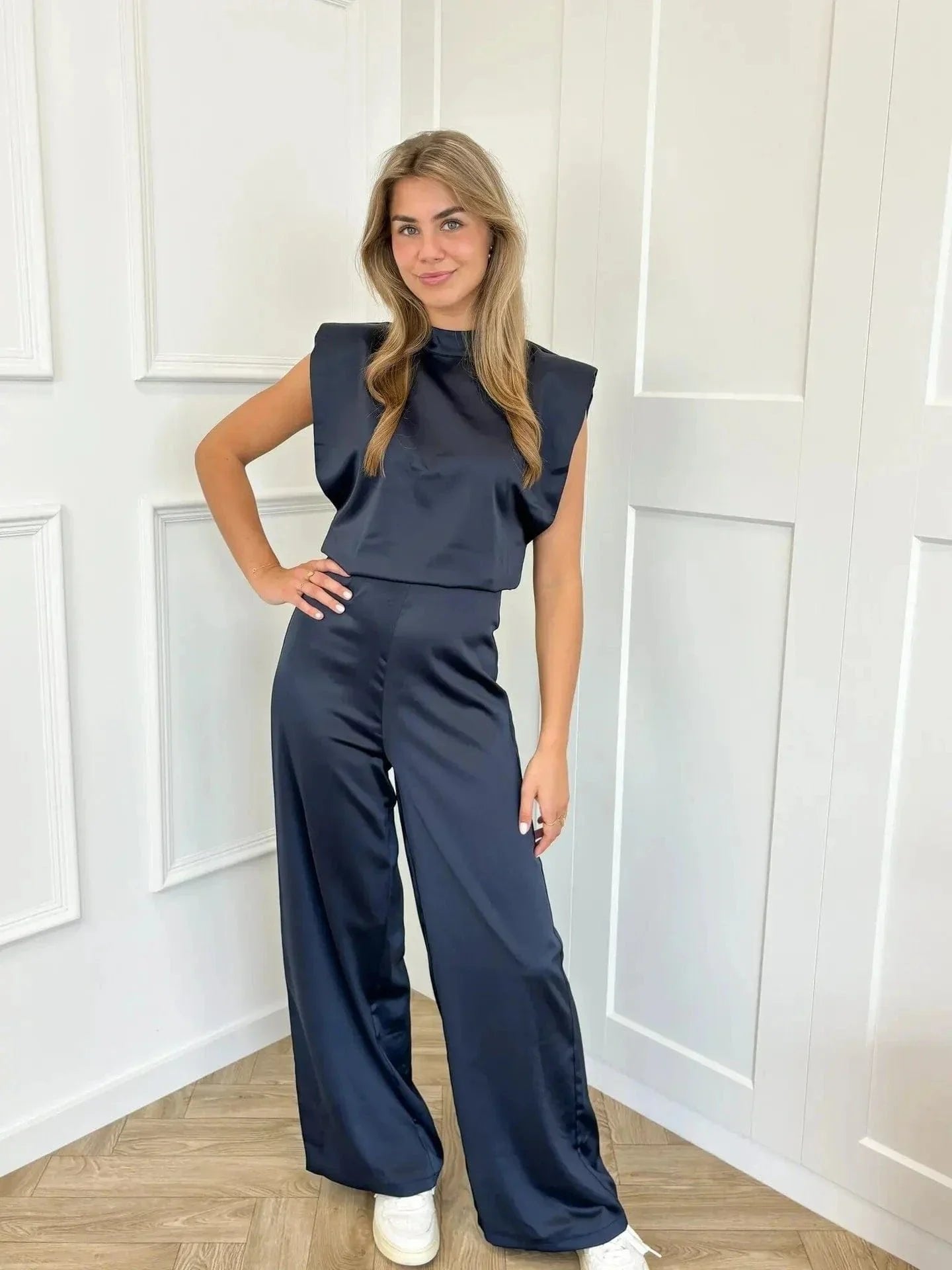 Women's Satin Wide-Leg Sleeveless High-Waist Jumpsuit - Marineblauw