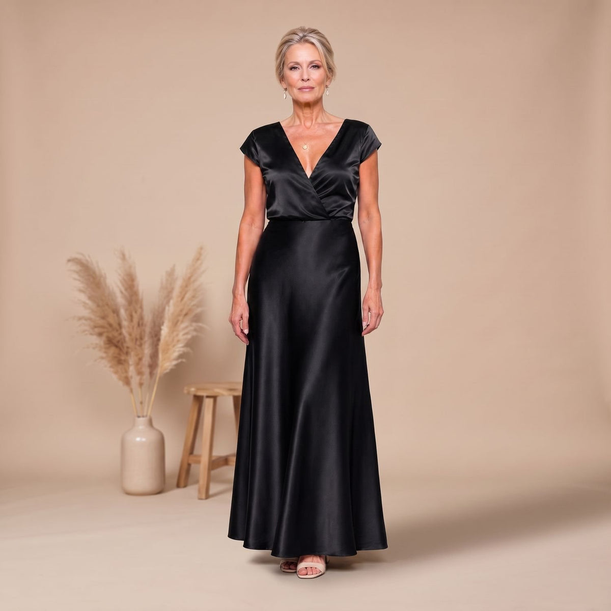 Women's Satin Wrap Bodice Cap Sleeve V-Neck Maxi Dress - Black