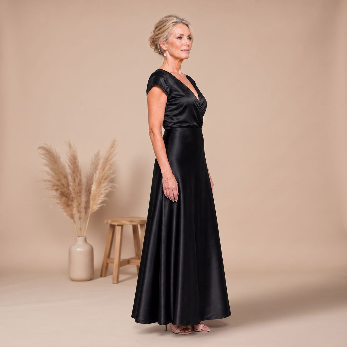 Women's Satin Wrap Bodice Cap Sleeve V-Neck Maxi Dress