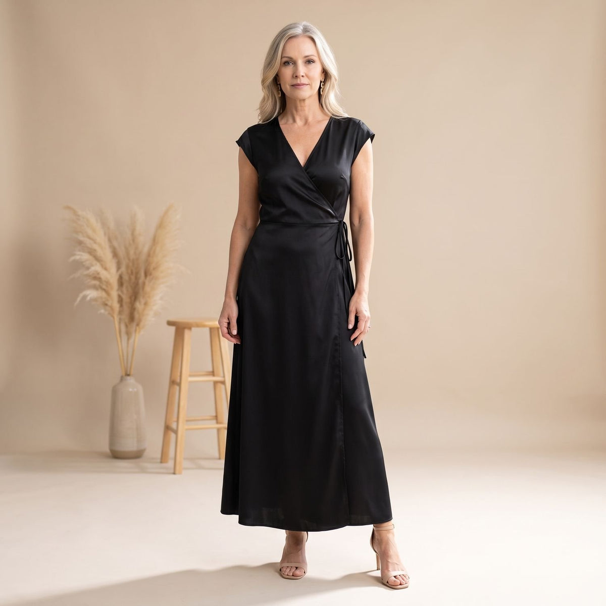 Women's Satin Wrap Bodice Cap Sleeve V-Neck Maxi Dress