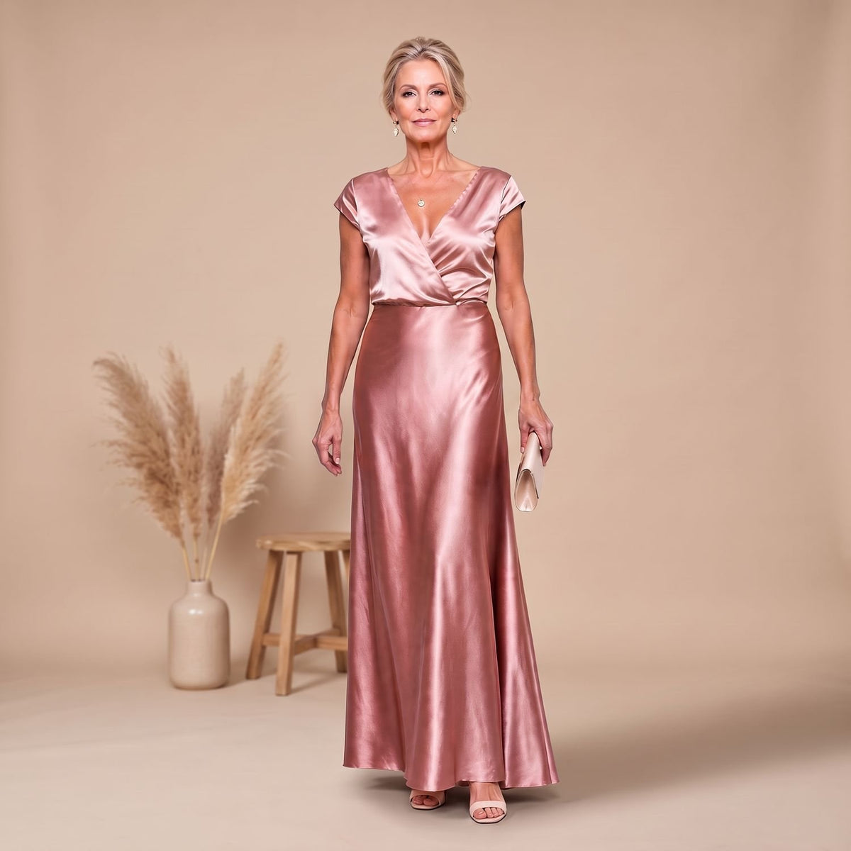 Women's Satin Wrap Bodice Cap Sleeve V-Neck Maxi Dress