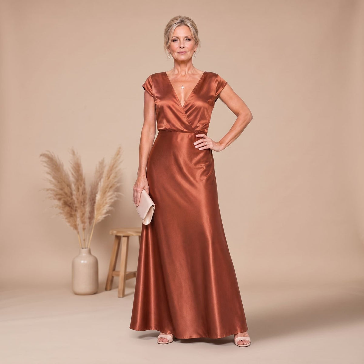 Women's Satin Wrap Bodice Cap Sleeve V-Neck Maxi Dress - Brown