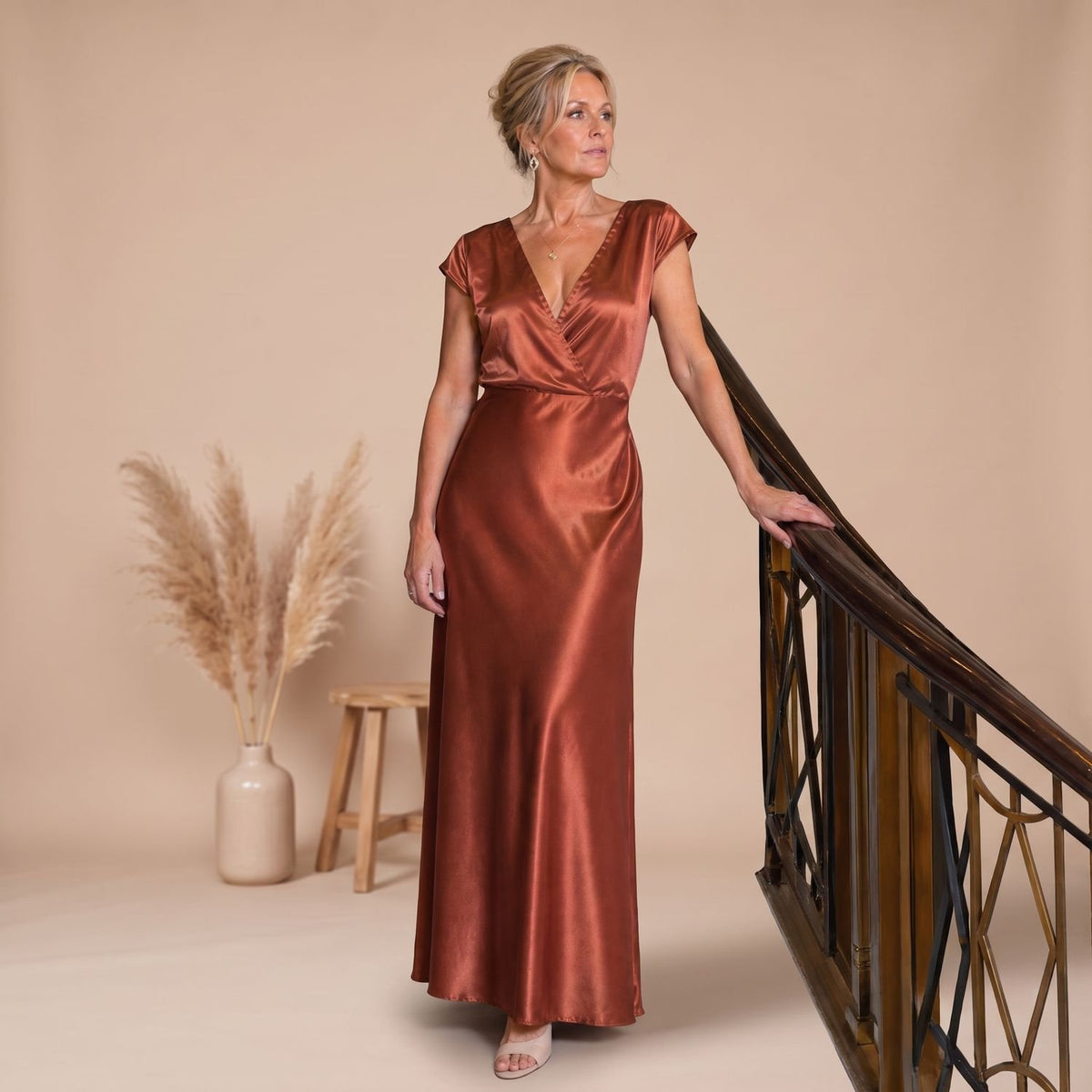 Women's Satin Wrap Bodice Cap Sleeve V-Neck Maxi Dress