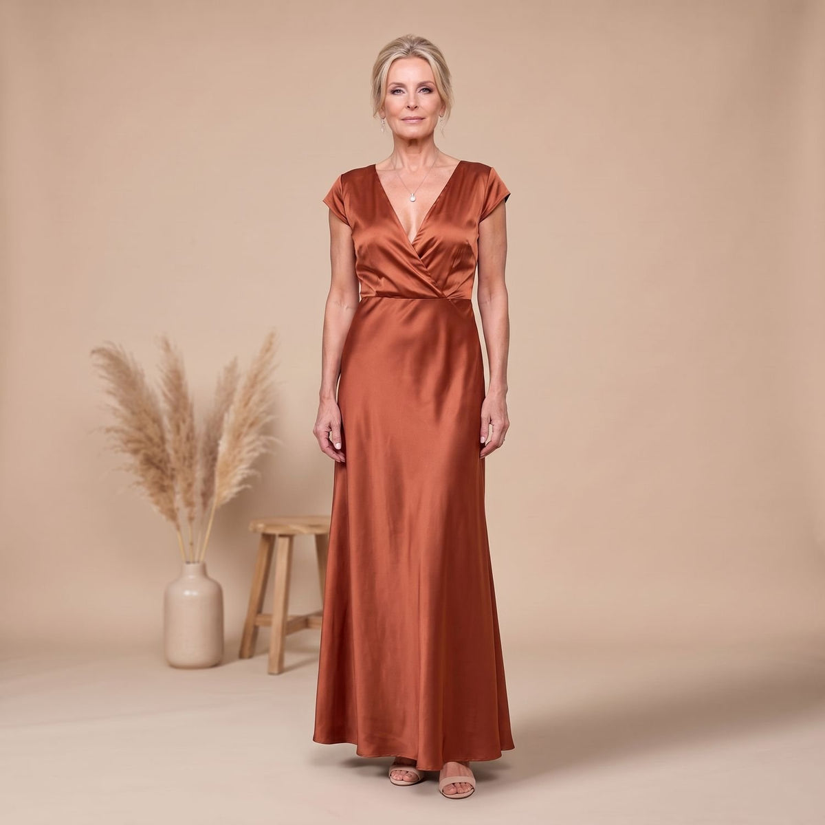 Women's Satin Wrap Bodice Cap Sleeve V-Neck Maxi Dress