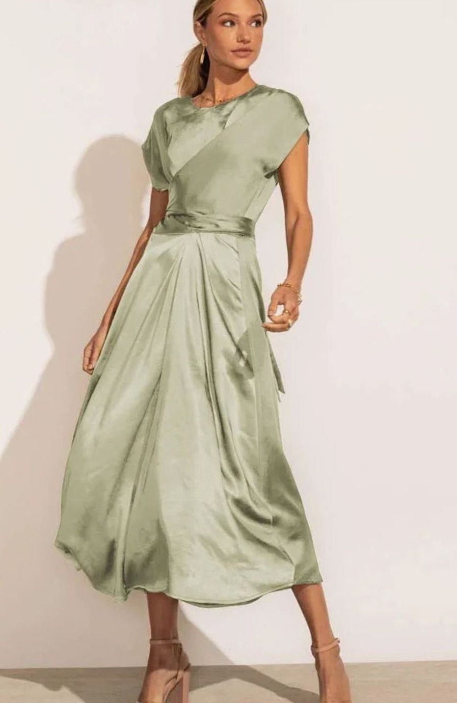 Women's Satin Wrap-Style Cap-Sleeve Midi Party Dress