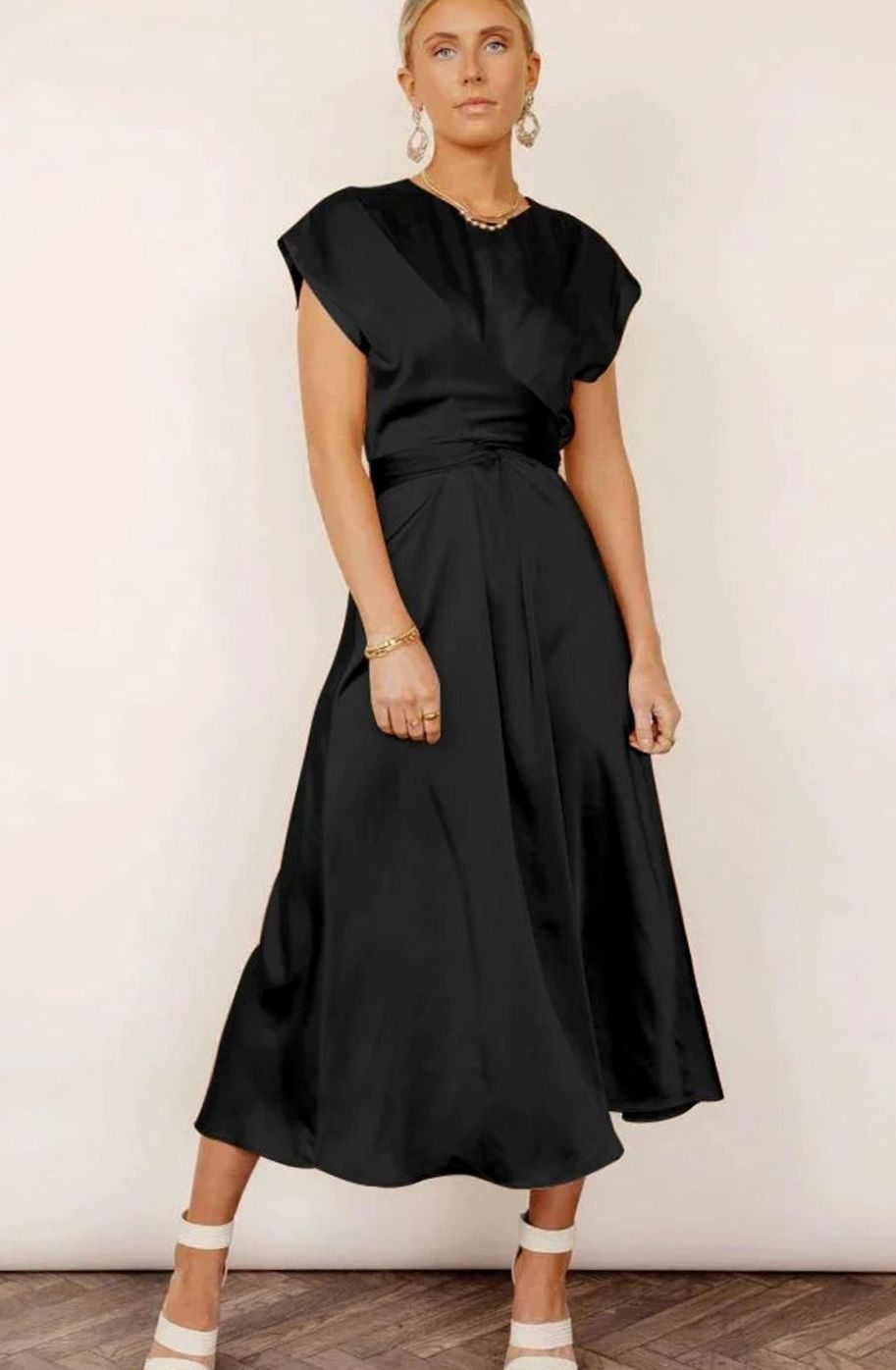 Women's Satin Wrap-Style Cap-Sleeve Midi Party Dress