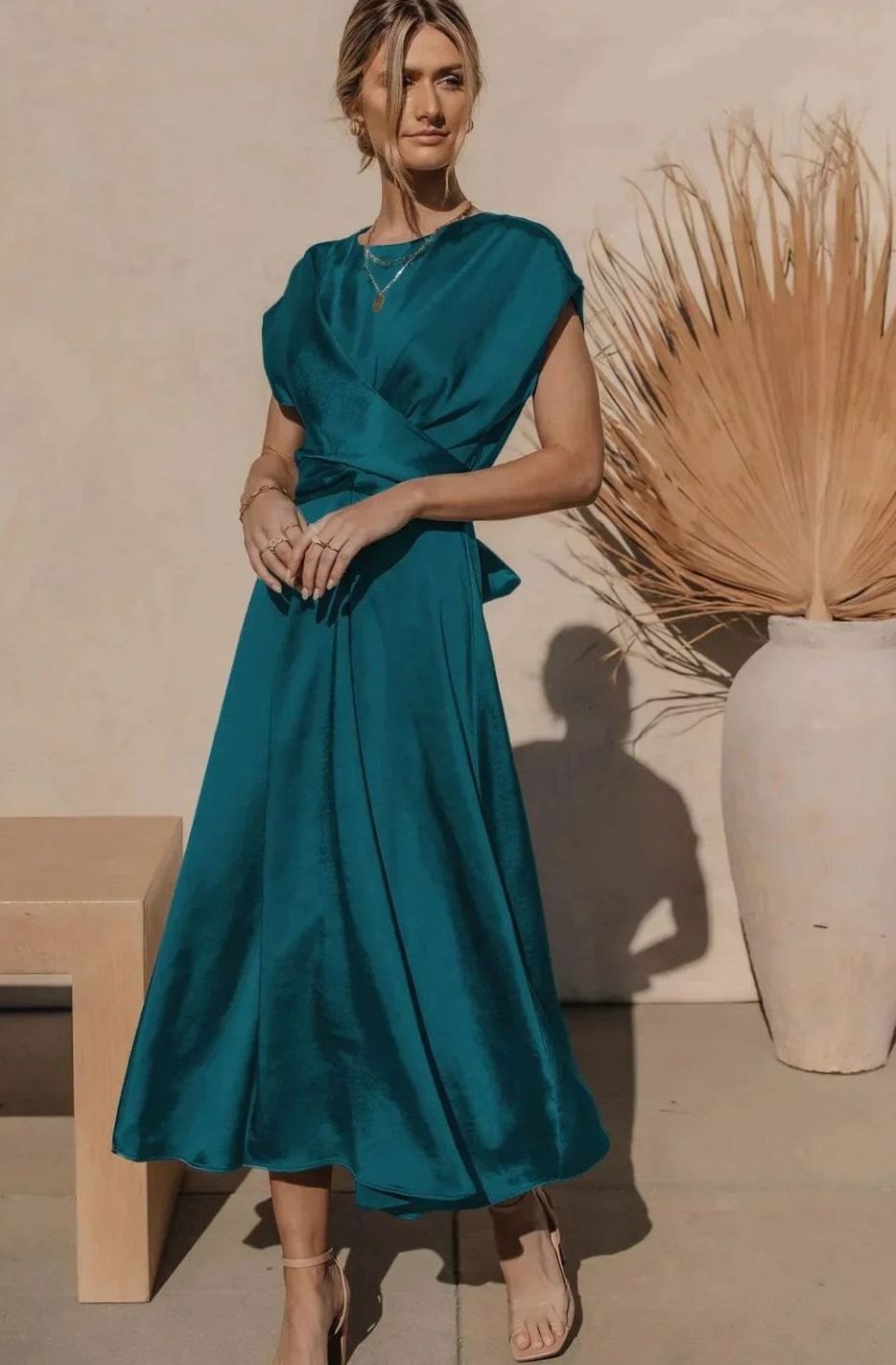 Women's Satin Wrap-Style Cap-Sleeve Midi Party Dress