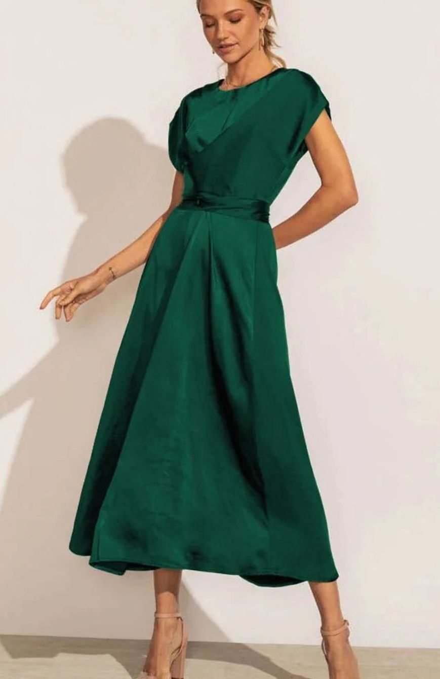 Women's Satin Wrap-Style Cap-Sleeve Midi Party Dress - Dark Green