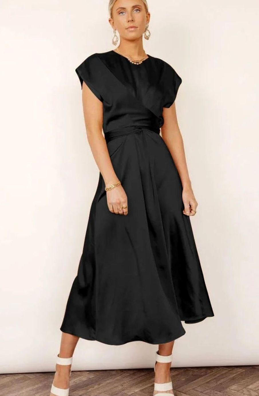 Women's Satin Wrap-Style Cap-Sleeve Midi Party Dress - Black
