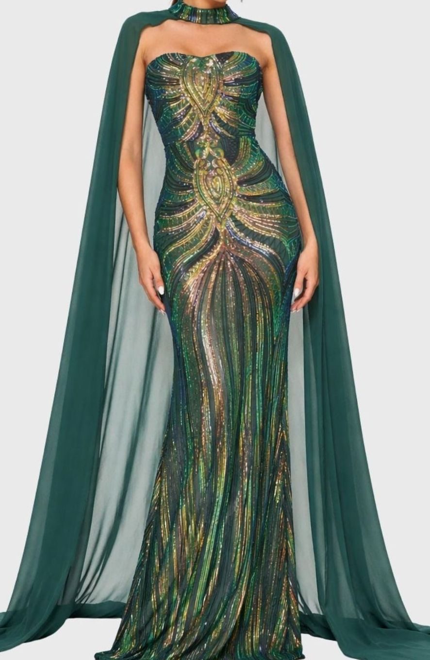Women's Sequin Cape Mermaid Formal Party Dress