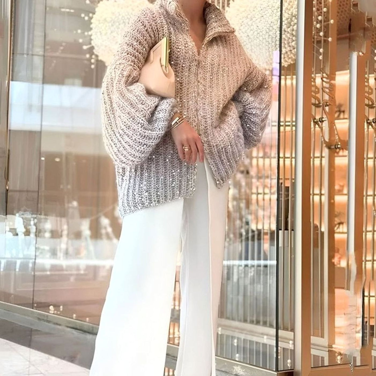 Women's Sequin Chunky Knit Open Front Zip Cardigan