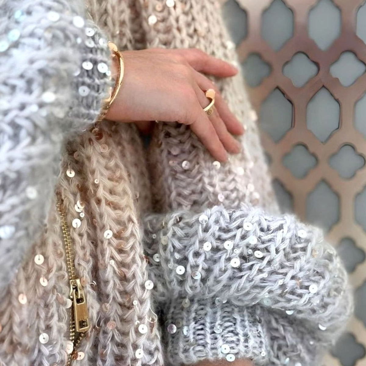 Women's Sequin Chunky Knit Open Front Zip Cardigan