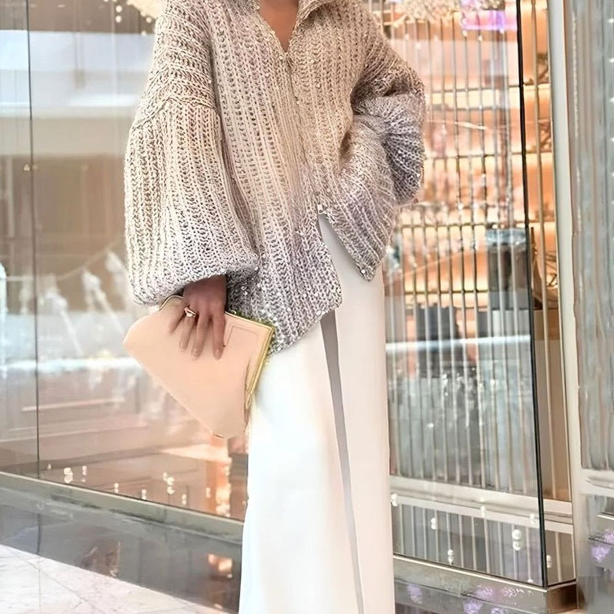 Women's Sequin Chunky Knit Open Front Zip Cardigan - Beige