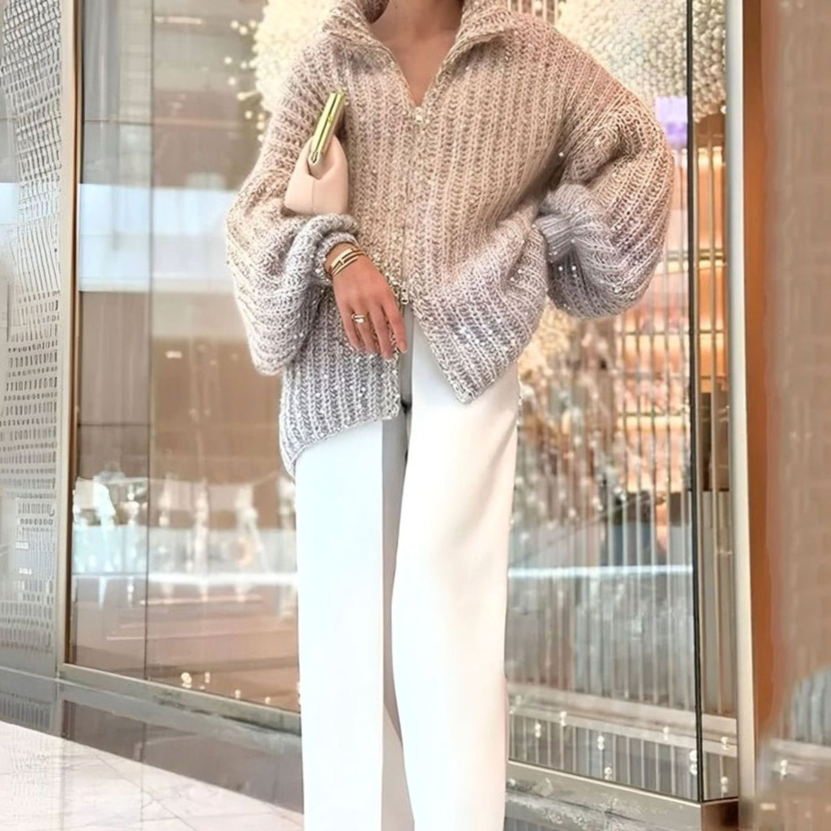 Women's Sequin Chunky Knit Open Front Zip Cardigan