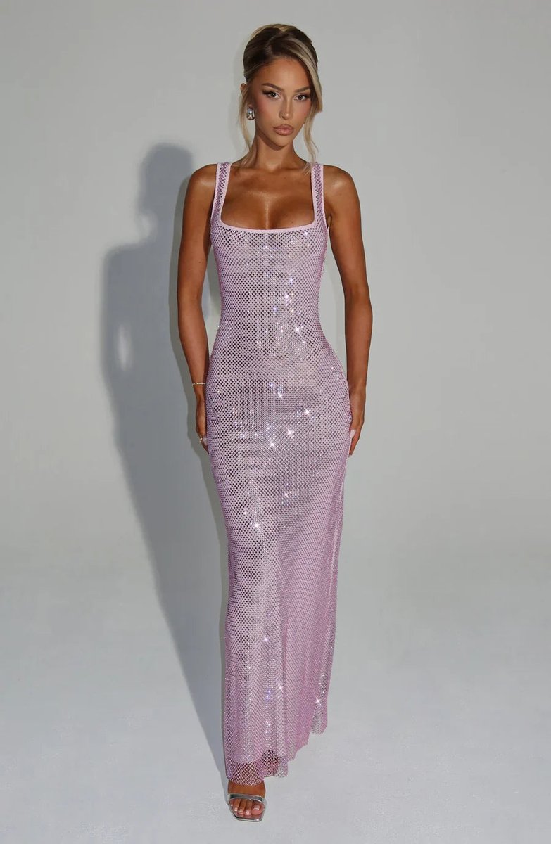 Women's Sequin Embellished Sleeveless Maxi Evening Gown Dress - Pink