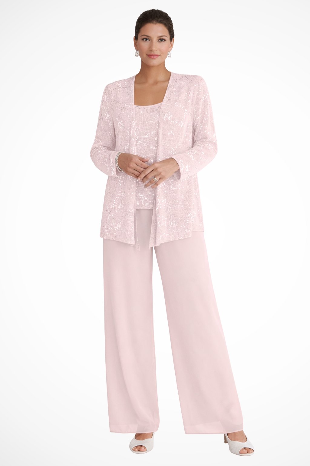 Women's Sequin Embellished Three-Piece Wide-Leg Trouser Set - Light Pink