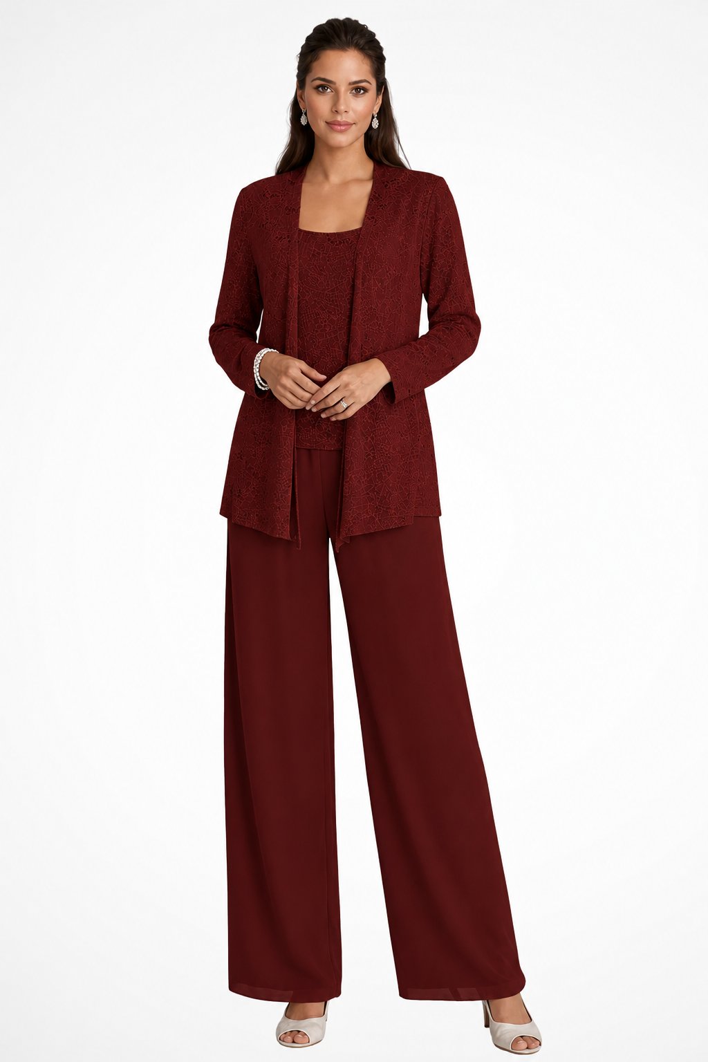 Women's Sequin Embellished Three-Piece Wide-Leg Trouser Set - Burgundy