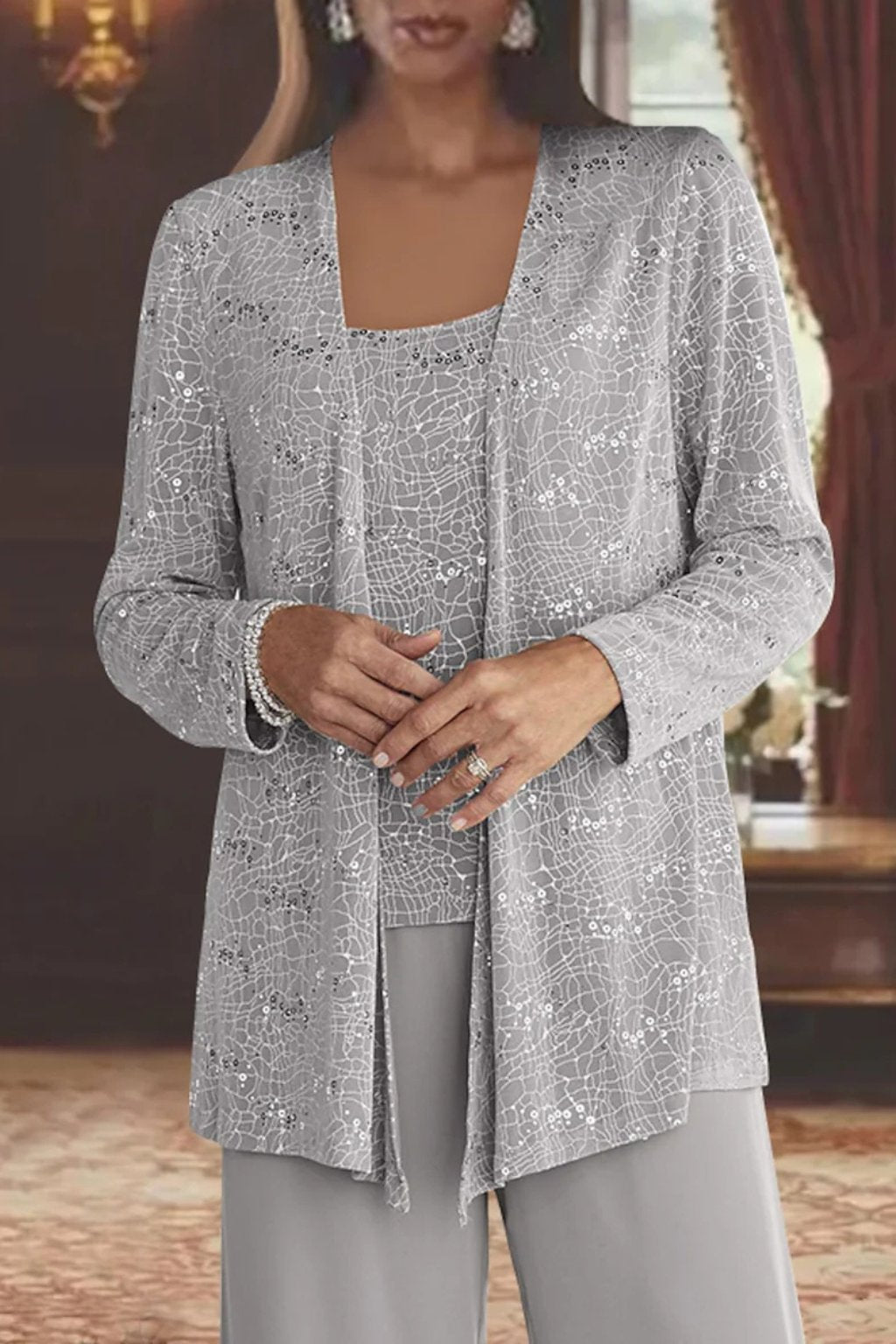 Women's Sequin Embellished Three-Piece Wide-Leg Trouser Set